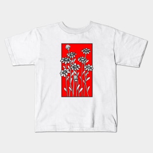 Black and white daisy flower doodle illustration in red background Kids T-Shirt